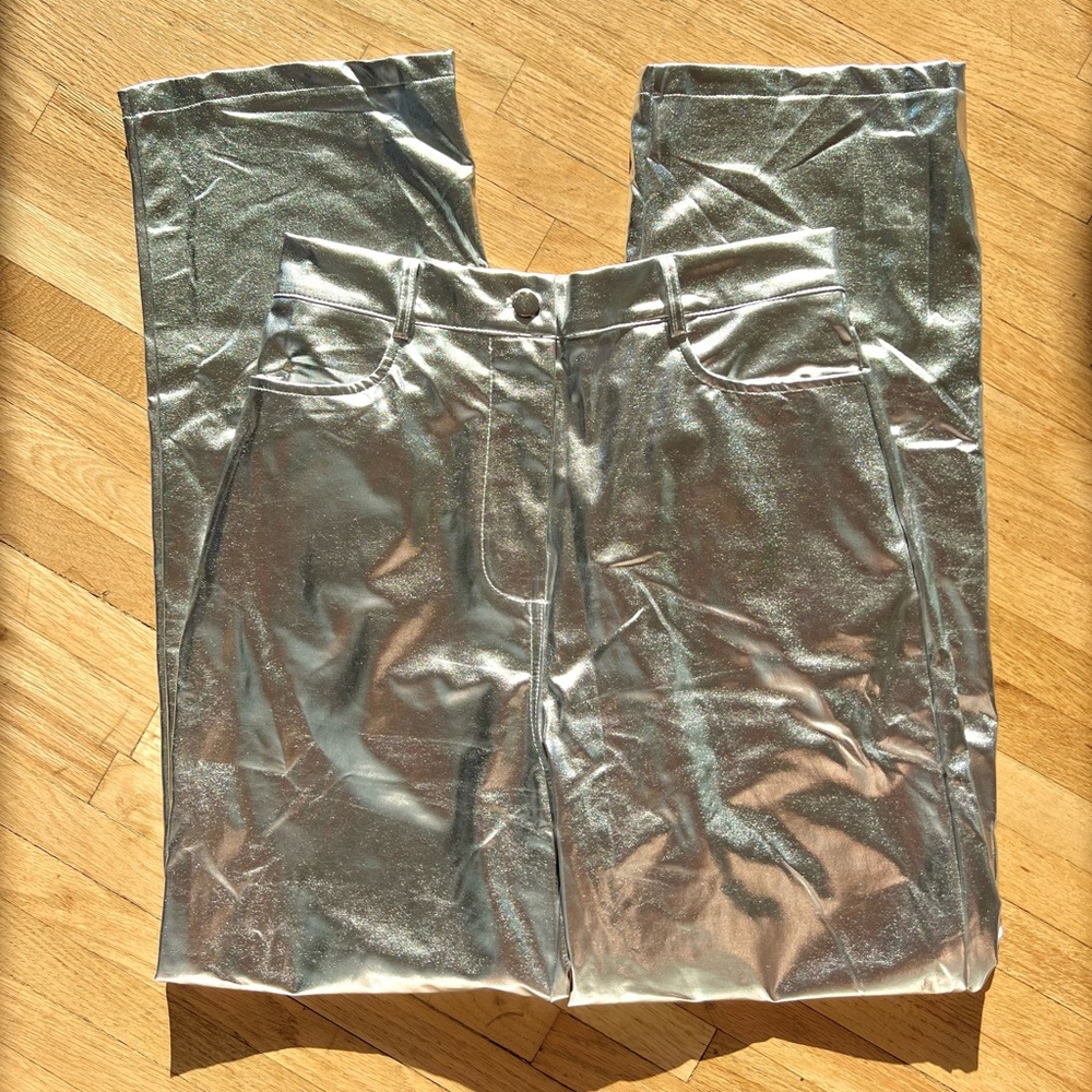 Metallic Silver Straight Leg Pants, S